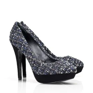 Tory Burch Peggy Blue Tweed and Suede Platform 125MM Pumps.  SZ 6M