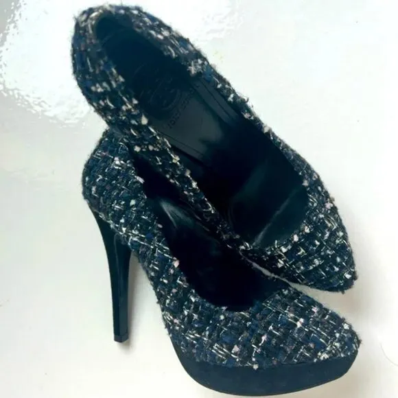 Tory Burch Peggy Blue Tweed and Suede Platform 125MM Pumps.  SZ 6M