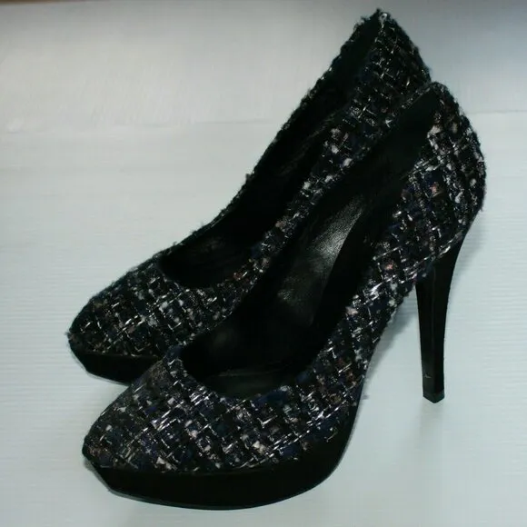 Tory Burch Peggy Blue Tweed and Suede Platform 125MM Pumps.  SZ 6M