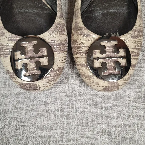 Tory Burch Reva Ballet Flats Snake Print Leather Slip-On Shoes Women's Size 7.5M