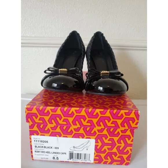 Tory Burch Romy Ribbon Original Pumps Heels Black Leather Shoes Sz 8.5 in Box