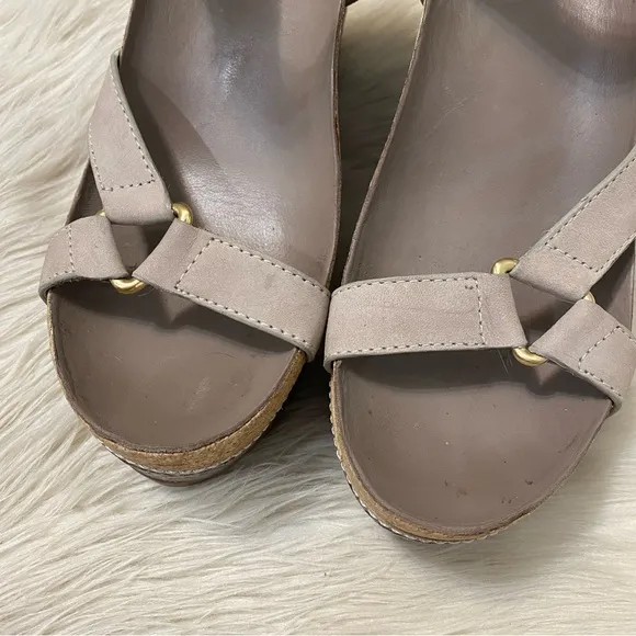 Tory Burch Taupe Gray Cork Brenden Croc Platform Nubuck Open Toe Wedge Sandals