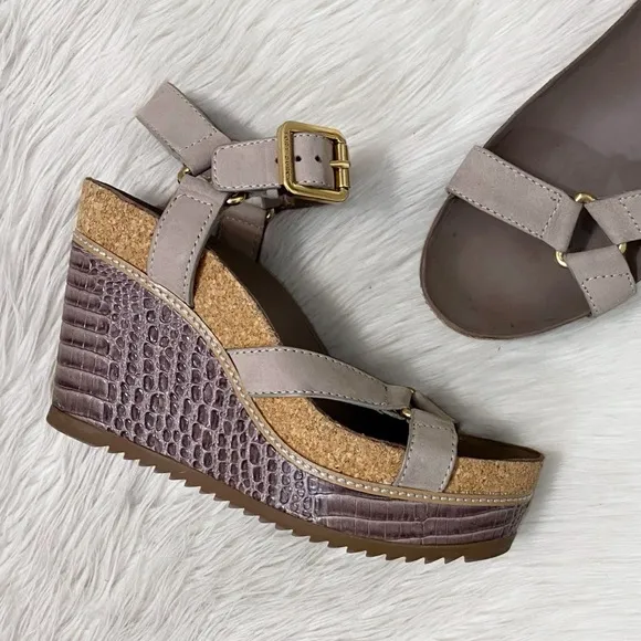 Tory Burch Taupe Gray Cork Brenden Croc Platform Nubuck Open Toe Wedge Sandals