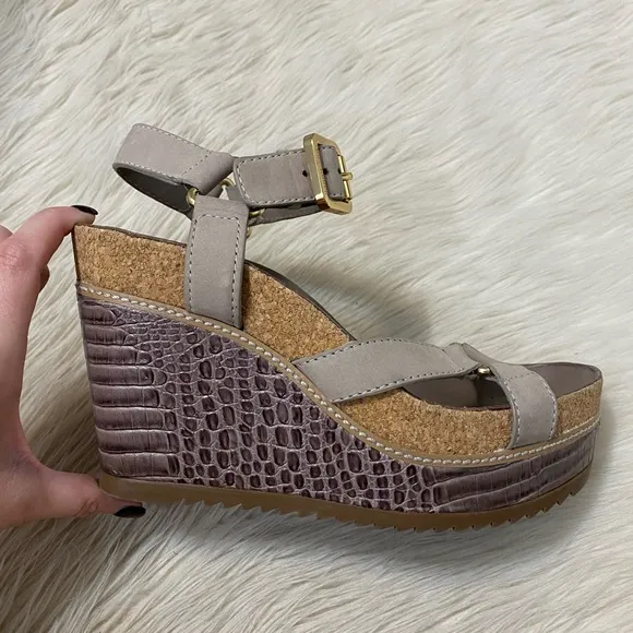 Tory Burch Taupe Gray Cork Brenden Croc Platform Nubuck Open Toe Wedge Sandals