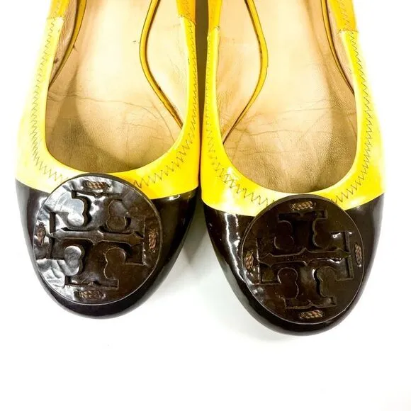 Tory Burch Eddie Ballet Flats Yellow Patent Leather Cap Toe Brown Logo Women’s 9