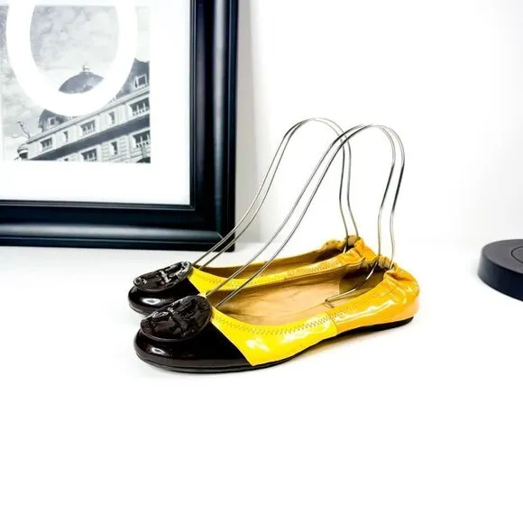 Tory Burch Eddie Ballet Flats Yellow Patent Leather Cap Toe Brown Logo Women’s 9