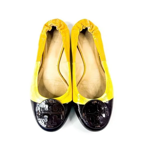 Tory Burch Eddie Ballet Flats Yellow Patent Leather Cap Toe Brown Logo Women’s 9