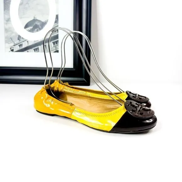 Tory Burch Eddie Ballet Flats Yellow Patent Leather Cap Toe Brown Logo Women’s 9