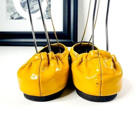 Tory Burch Eddie Ballet Flats Yellow Patent Leather Cap Toe Brown Logo Women’s 9