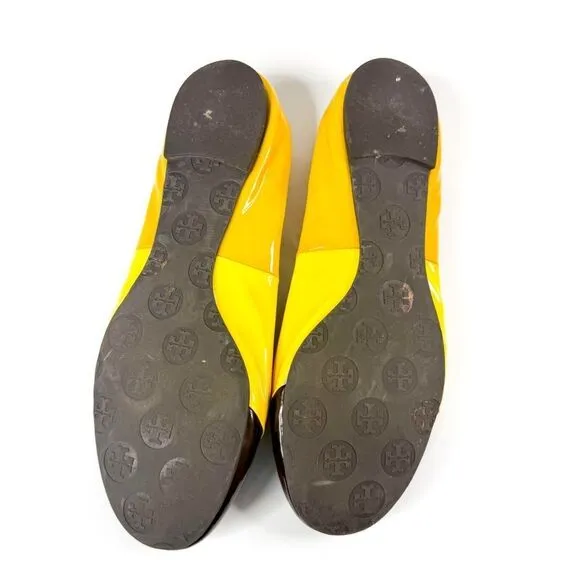 Tory Burch Eddie Ballet Flats Yellow Patent Leather Cap Toe Brown Logo Women’s 9