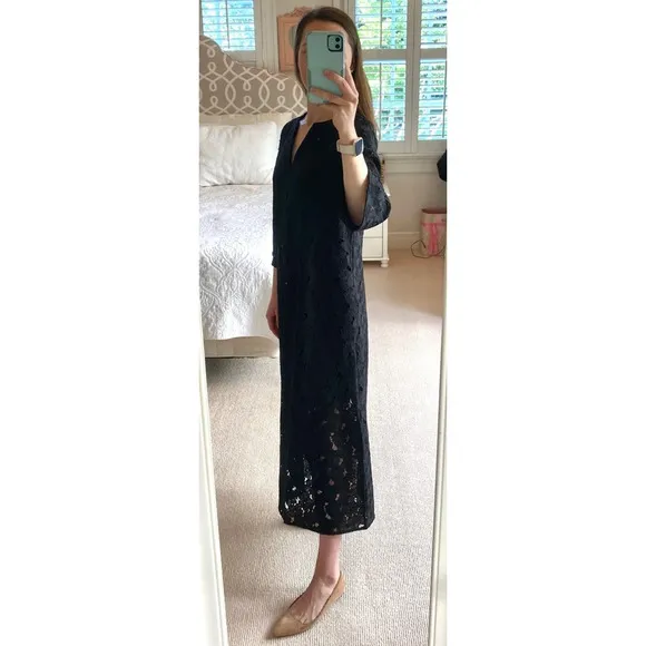 Tuckernuck Black V-Neck Floral Lace Eyelet Jamie Midi Kaftan Shift Dress XS