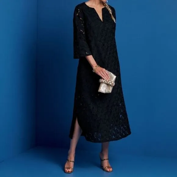Tuckernuck Black V-Neck Floral Lace Eyelet Jamie Midi Kaftan Shift Dress XS