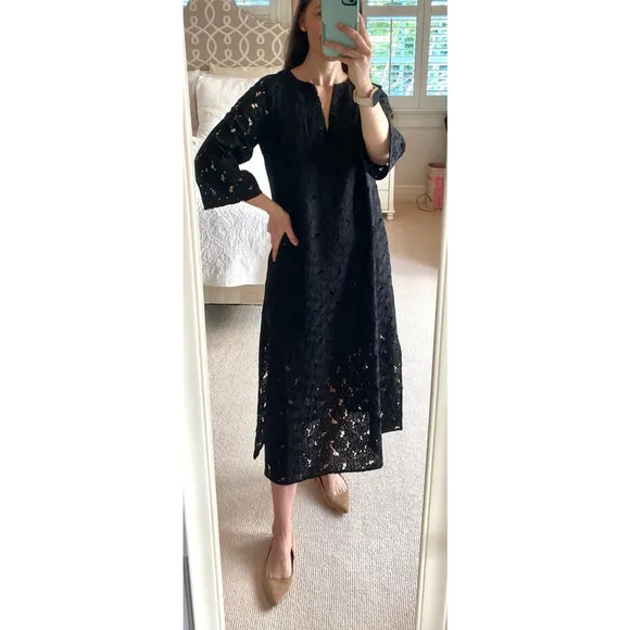 Tuckernuck Black V-Neck Floral Lace Eyelet Jamie Midi Kaftan Shift Dress XS