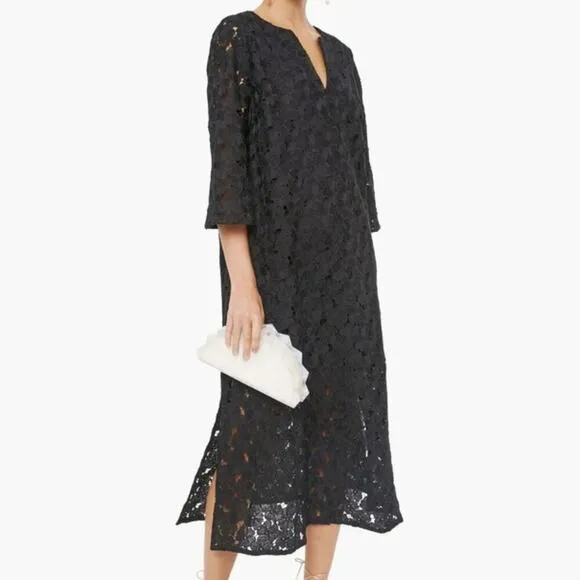 Tuckernuck Black V-Neck Floral Lace Eyelet Jamie Midi Kaftan Shift Dress XS
