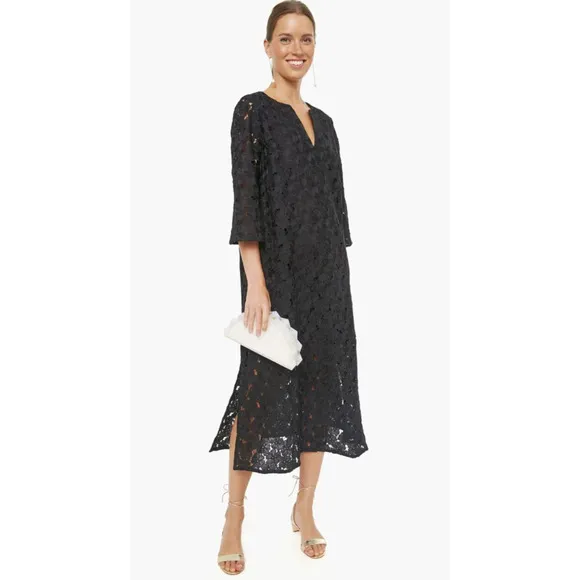 Tuckernuck Black V-Neck Floral Lace Eyelet Jamie Midi Kaftan Shift Dress XS