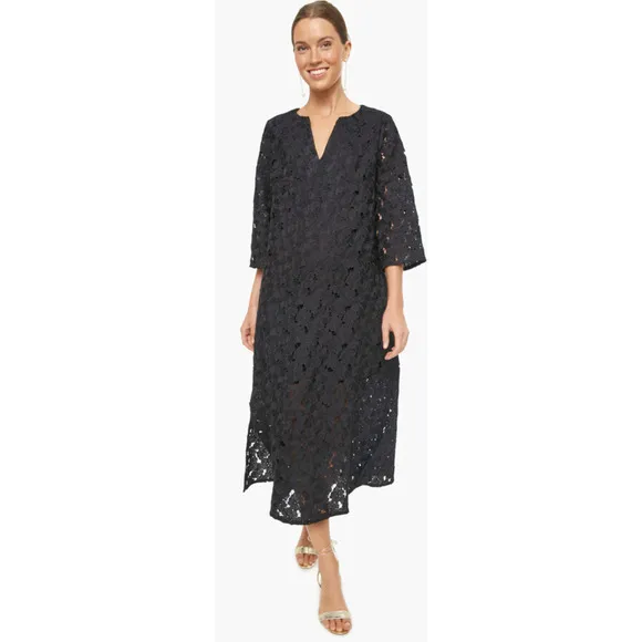 Tuckernuck Black V-Neck Floral Lace Eyelet Jamie Midi Kaftan Shift Dress XS