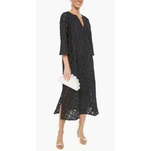 Tuckernuck Black V-Neck Floral Lace Eyelet Jamie Midi Kaftan Shift Dress XS