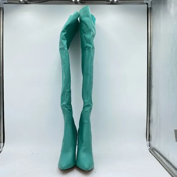 Turquoise Pointed Toe Stiletto Heel Thigh High Over The Knee Boots Pull On Shoe