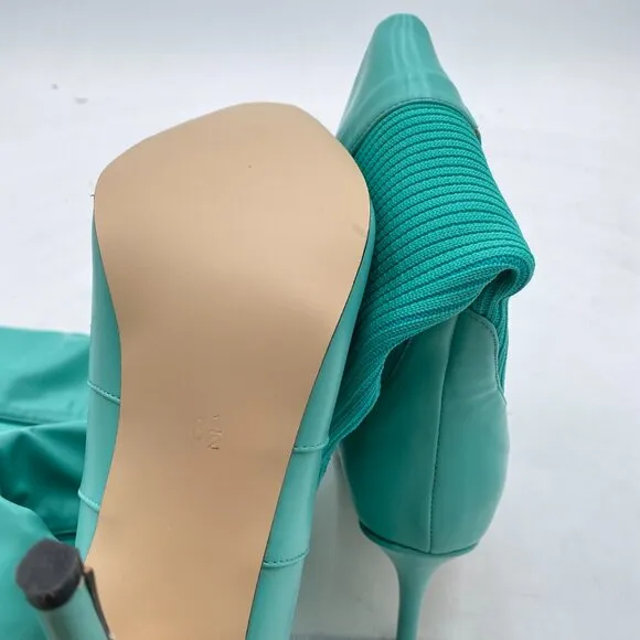 Turquoise Pointed Toe Stiletto Heel Thigh High Over The Knee Boots Pull On Shoe