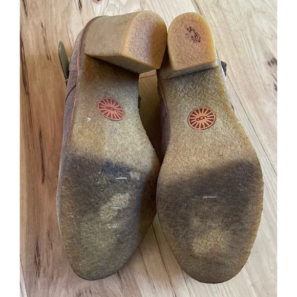 Ugg Australia Brienne Suede Leather Taupe tan Stack Heels Ankle Booties Boots 9‌