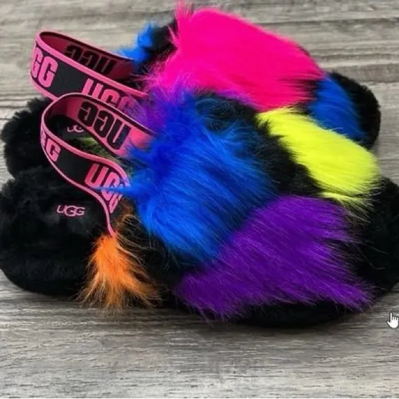 UGG Fluff Yeah Party Spots Sandals Back Strap Open Toe Platform Color Patches