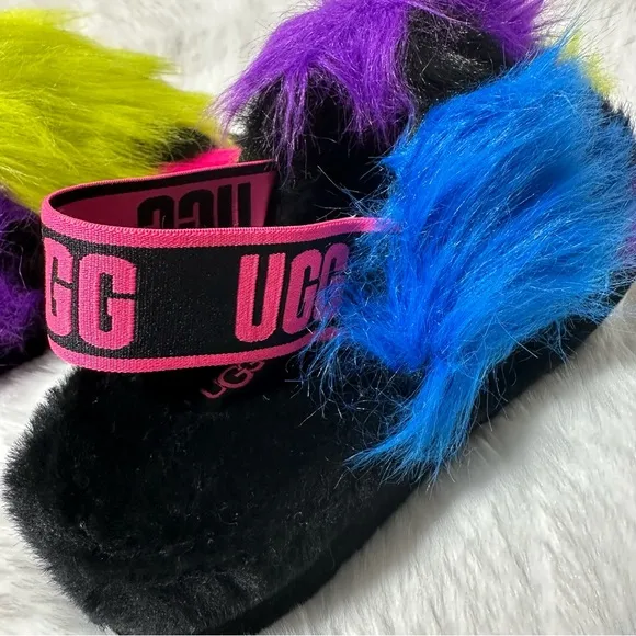 UGG Fluff Yeah Party Spots Sandals Back Strap Open Toe Platform Color Patches