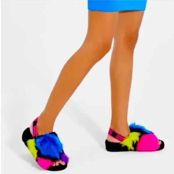 UGG Fluff Yeah Party Spots Sandals Back Strap Open Toe Platform Color Patches
