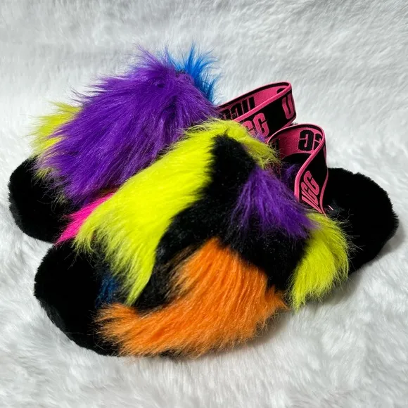 UGG Fluff Yeah Party Spots Sandals Back Strap Open Toe Platform Color Patches