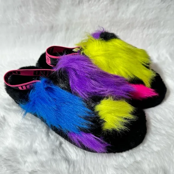 UGG Fluff Yeah Party Spots Sandals Back Strap Open Toe Platform Color Patches