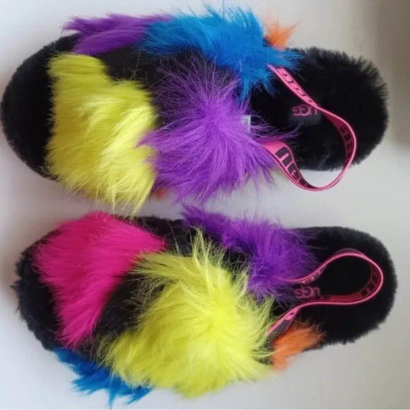UGG Fluff Yeah Party Spots Sandals Back Strap Open Toe Platform Color Patches