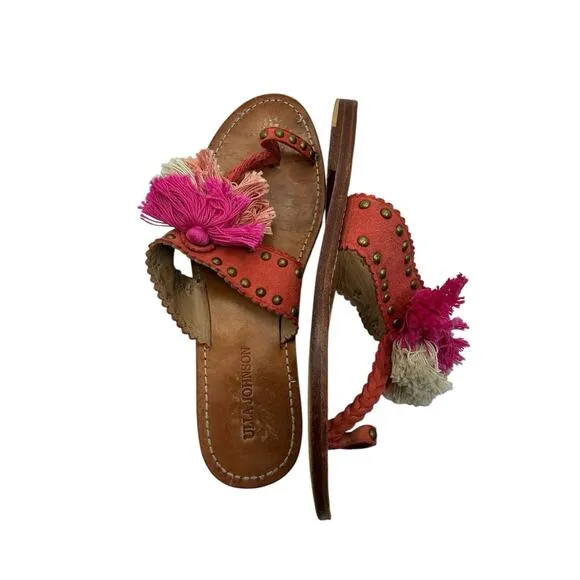 Ulla Johnson Brown Studded Leather Tassel Mia Slide Sandals Size 40