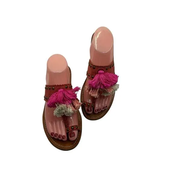 Ulla Johnson Brown Studded Leather Tassel Mia Slide Sandals Size 40