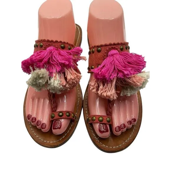Ulla Johnson Brown Studded Leather Tassel Mia Slide Sandals Size 40