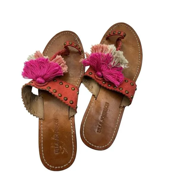 Ulla Johnson Brown Studded Leather Tassel Mia Slide Sandals Size 40