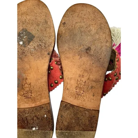 Ulla Johnson Brown Studded Leather Tassel Mia Slide Sandals Size 40