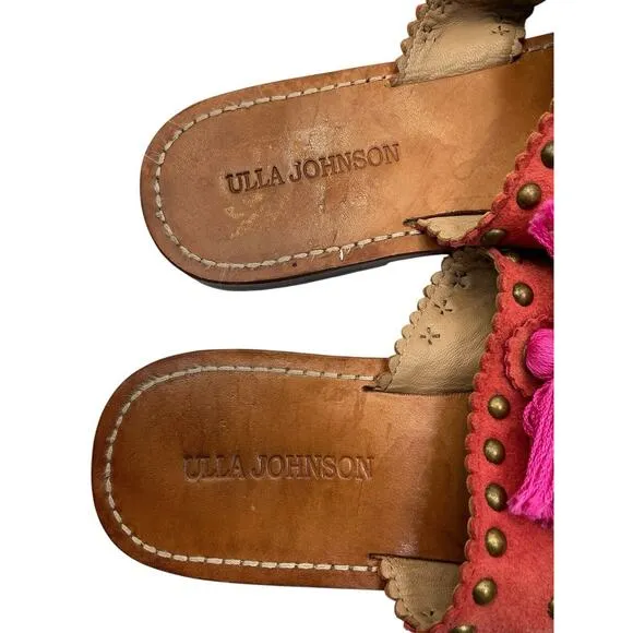 Ulla Johnson Brown Studded Leather Tassel Mia Slide Sandals Size 40