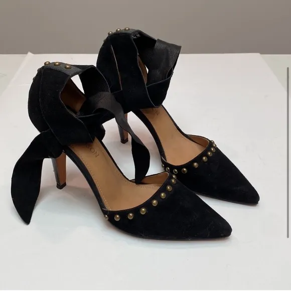 ULLA JOHNSON Sienna Studded Heels Shoes in Black Suede Leather
