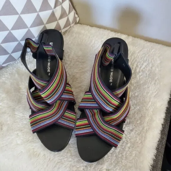 United Nude 90s Y2K Retro Mod Rainbow Wedge Platform Strappy Sandals 7.5