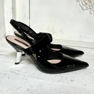 Uterque Patent Leather Slip On Pointed Toe Slingback Pumps Black Women's 39/8.5