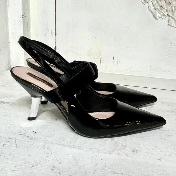 Uterque Patent Leather Slip On Pointed Toe Slingback Pumps Black Women's 39/8.5