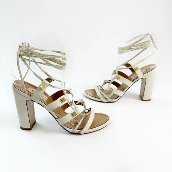 VALENTINO Rockstud White Gladiator Heels Size 37 Sandal Ankle Wrap Tie Lace Up