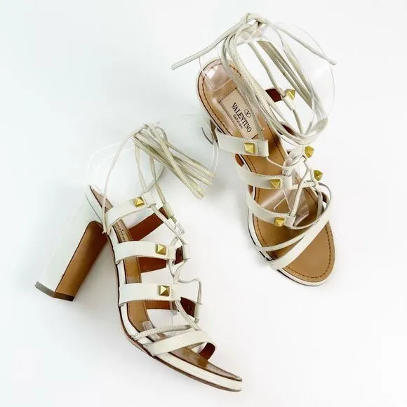 VALENTINO Rockstud White Gladiator Heels Size 37 Sandal Ankle Wrap Tie Lace Up