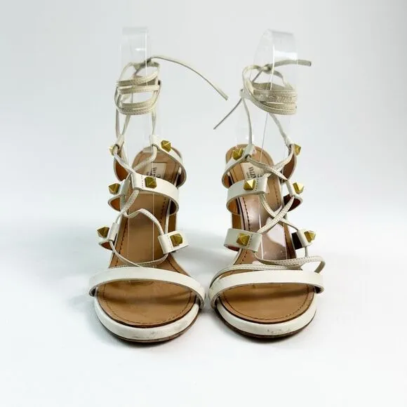 VALENTINO Rockstud White Gladiator Heels Size 37 Sandal Ankle Wrap Tie Lace Up