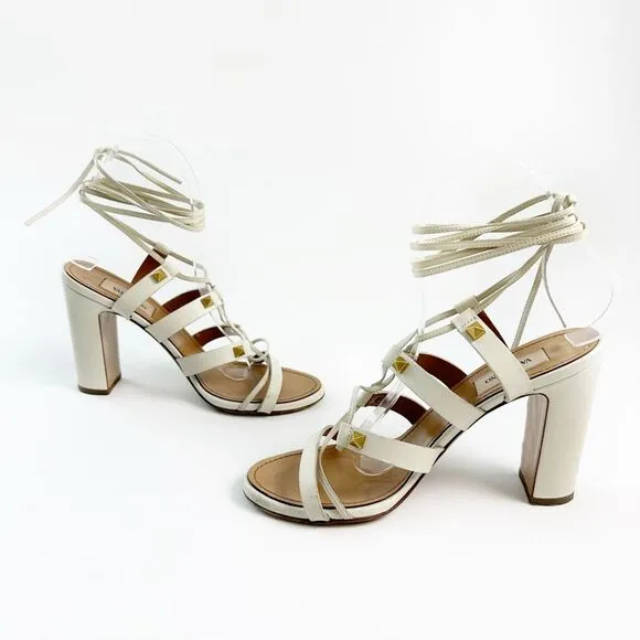 VALENTINO Rockstud White Gladiator Heels Size 37 Sandal Ankle Wrap Tie Lace Up