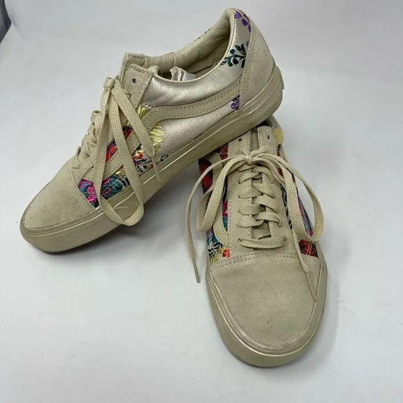 Vans Cream Gold Old Skool Festival Satin Cream Floral Sneaker Shoes Size 8