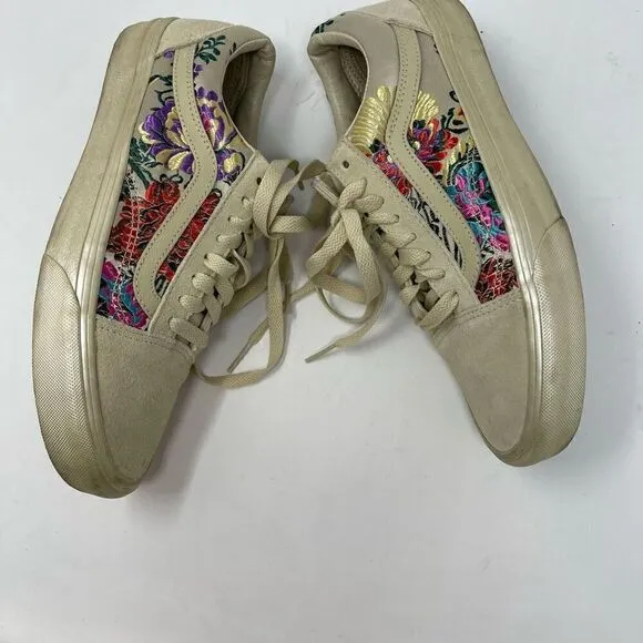 Vans Cream Gold Old Skool Festival Satin Cream Floral Sneaker Shoes Size 8