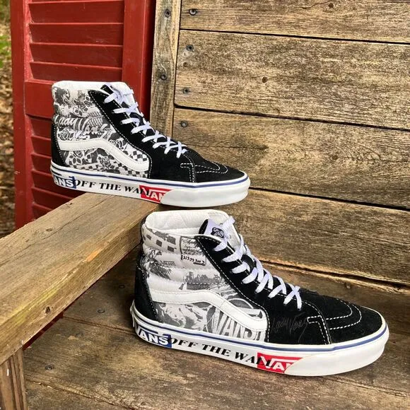 Vans Off The Wall Sk8 Hi Top Black White Lady Vans Signature M 6.5 W 8 Retro Y2K