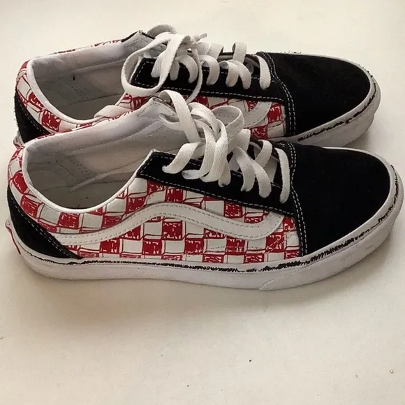 Vans Old Skool Low Sketch Red Size 7.5 Women Checkered Shoes Preloved