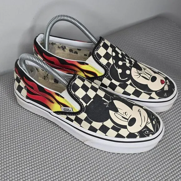 Vans x Disney Minnie &amp; Mickey Mouse Checkerboard Flames Shoes-Women's 7 (721356)
