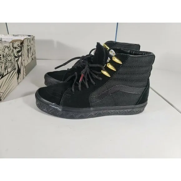 Vans x Marvel 6Y, 7.5 Women Sk8-Hi Black Panther Suede shoes Black Gold w/‎ box